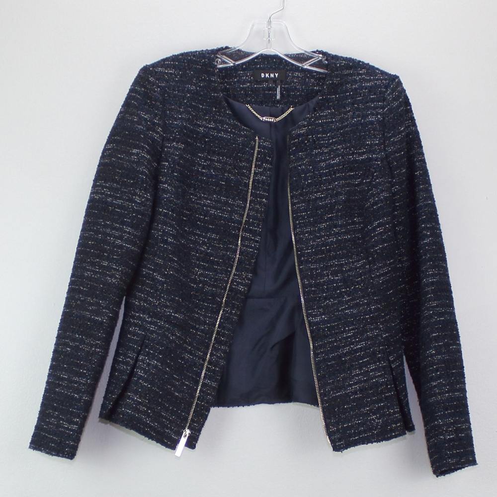 DKNY Navy Blue Tweed Zip-Up Metallic Peplum Jacke